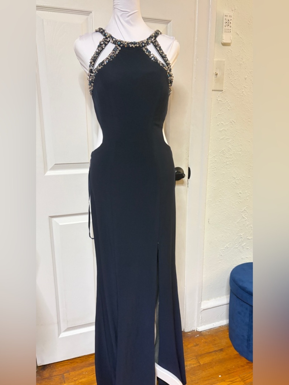 Betsy & Adam Black Beaded Backless Evening Gown